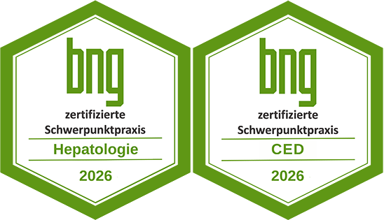 Re-Zertifizierung "BNG-Schwerpunktpraxis für HEPATOLOOGIE und chronisch-entzündliche Darmerkrankungen (CED)" Re-Zertifizierung "BNG-Schwerpunktpraxis für HEPATOLOOGIE und chronisch-entzündliche Darmerkrankungen (CED)"